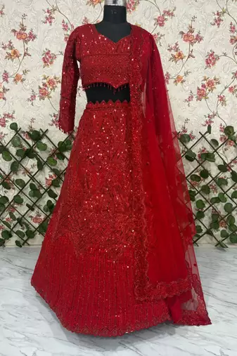 Red Embroidererd Georgette Lehenga Set With Dupatta