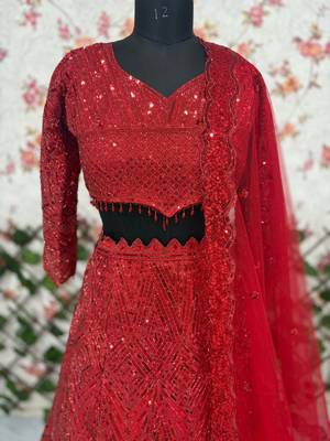 Red Embroidererd Georgette Lehenga Set With Dupatta 5