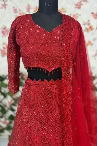 Red Embroidererd Georgette Lehenga Set With Dupatta