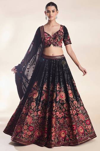 Eilara Women's Black  thread embroidery and sequins work faux georgette lehenga choli