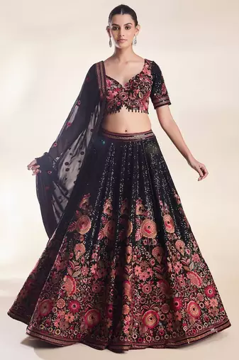 Eilara Women's Black  thread embroidery and sequins work faux georgette lehenga choli