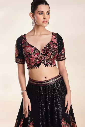 Eilara Women's Black  thread embroidery and sequins work faux georgette lehenga choli