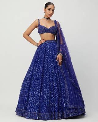 Royal Blue Butterfly Net Lehenga Choli with Dual Sequins and Jari Embroidery Bridal Wear 1