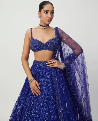Royal Blue Butterfly Net Lehenga Choli with Dual Sequins and Jari Embroidery Bridal Wear 2