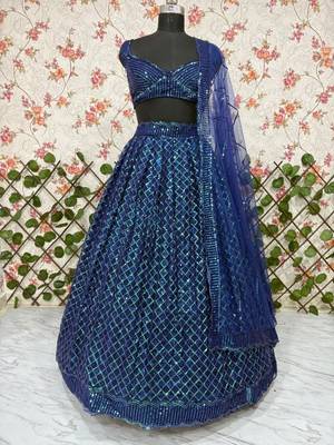 Royal Blue Butterfly Net Lehenga Choli with Dual Sequins and Jari Embroidery Bridal Wear 4
