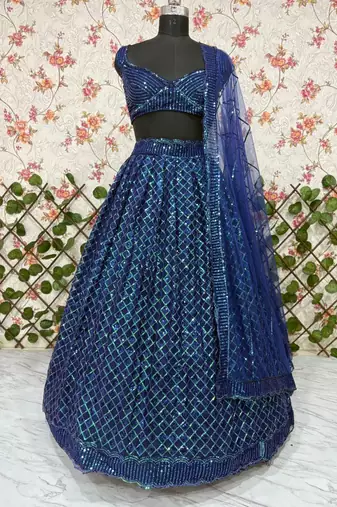 Royal Blue Butterfly Net Lehenga Choli with Dual Sequins and Jari Embroidery Bridal Wear