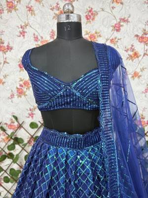 Royal Blue Butterfly Net Lehenga Choli with Dual Sequins and Jari Embroidery Bridal Wear 5