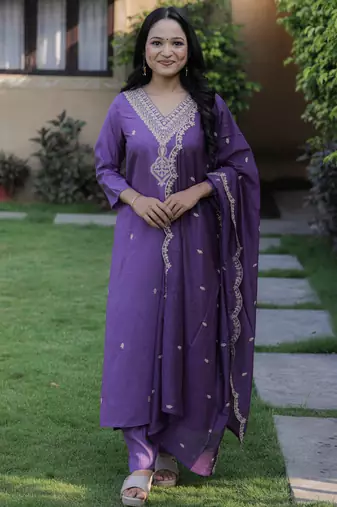 Viscose Chanderi Embroidery Work Purple A-line Kurta