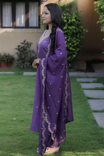 Viscose Chanderi Embroidery Work Purple A-line Kurta