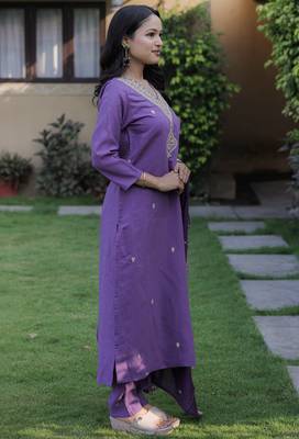 Viscose Chanderi Embroidery Work Purple A-line Kurta 3