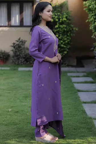Viscose Chanderi Embroidery Work Purple A-line Kurta