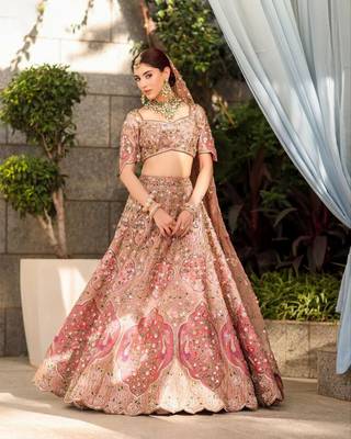 Designer Slub Silk Embroidered Peach Pink Elegance Lehenga Choli With Dupatta 1