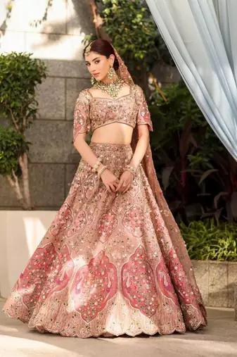 Designer Slub Silk Embroidered Peach Pink Elegance Lehenga Choli With Dupatta