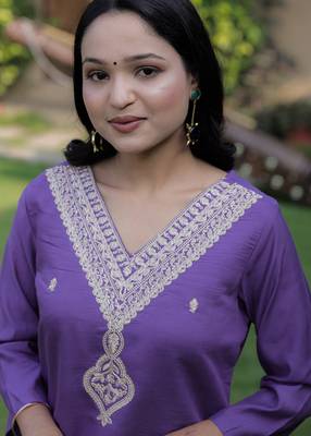 Viscose Chanderi Embroidery Work Purple A-line Kurta 5