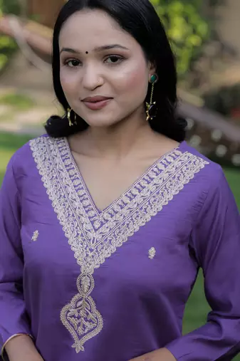 Viscose Chanderi Embroidery Work Purple A-line Kurta