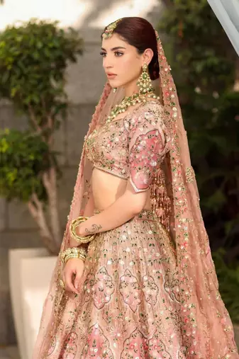 Designer Slub Silk Embroidered Peach Pink Elegance Lehenga Choli With Dupatta