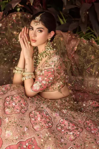 Designer Slub Silk Embroidered Peach Pink Elegance Lehenga Choli With Dupatta