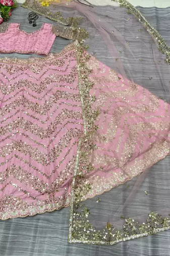 Beautiful Pink Colour Chinon Silk Fabric Multi Thread And Heavy Sequins Lehenga Choli
