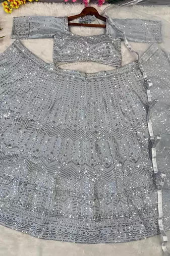 Silver Embroidererd Silk Lehenga Set With Dupatta