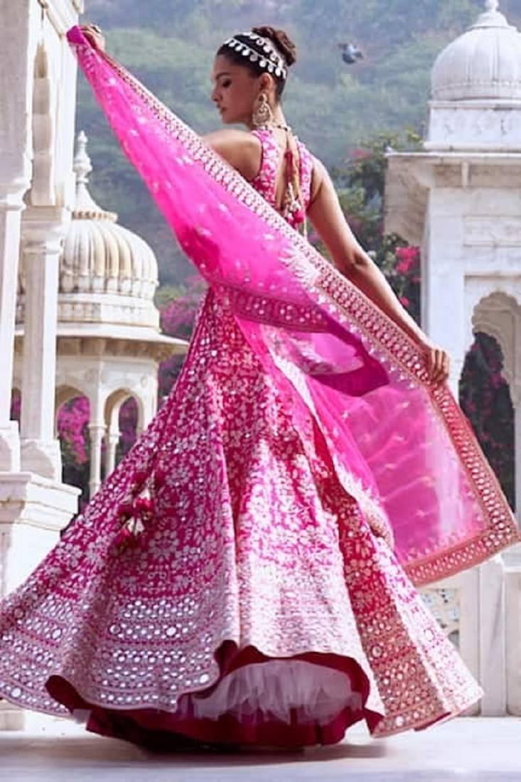 Rani Pink Thread Zari Sequins Foil Mirror Work Georgette Lehenga Choli