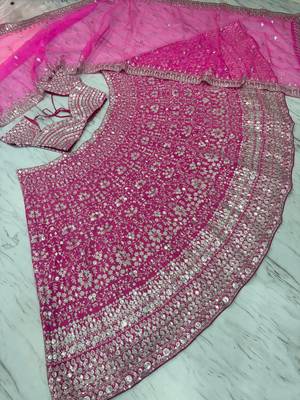 Rani Pink Thread Zari Sequins Foil Mirror Work Georgette Lehenga Choli 5