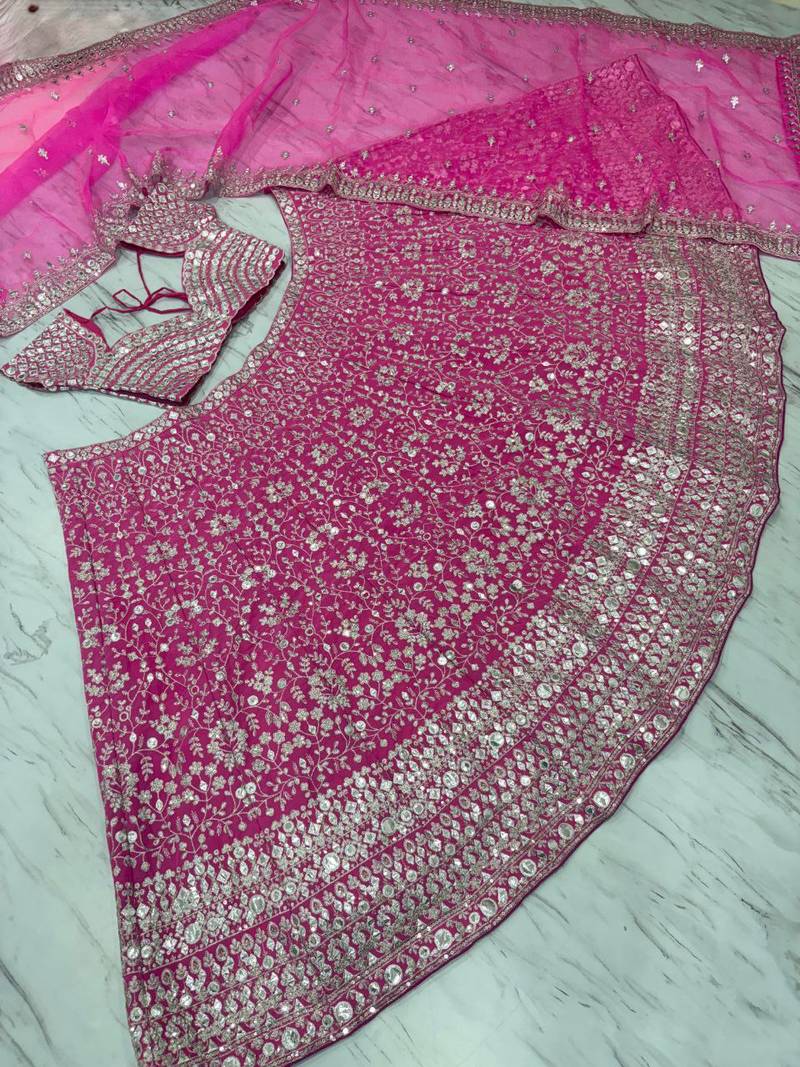 Rani Pink Thread Zari Sequins Foil Mirror Work Georgette Lehenga Choli