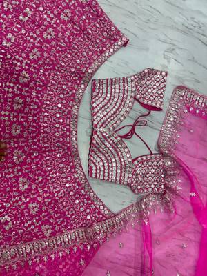 Rani Pink Thread Zari Sequins Foil Mirror Work Georgette Lehenga Choli 6