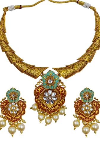​antique gold plated rubygreen  & gold meenakari necklace set with pearl drops.