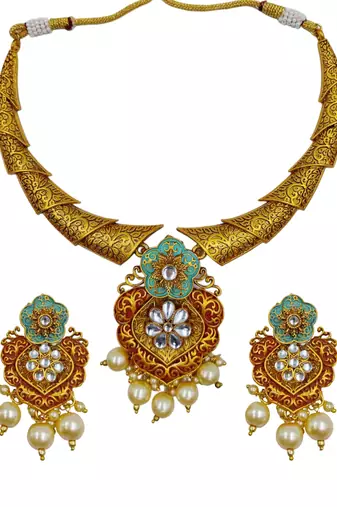 ​antique gold plated rubygreen  & gold meenakari necklace set with pearl drops.