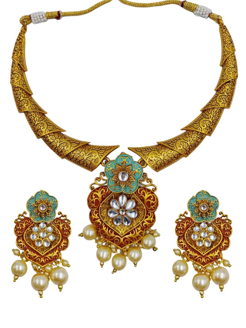 ​antique gold plated rubygreen  & gold meenakari necklace set with pearl drops.