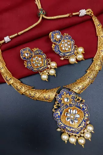 ​antique gold plated blue & gold meenakari necklace set with pearl drops.