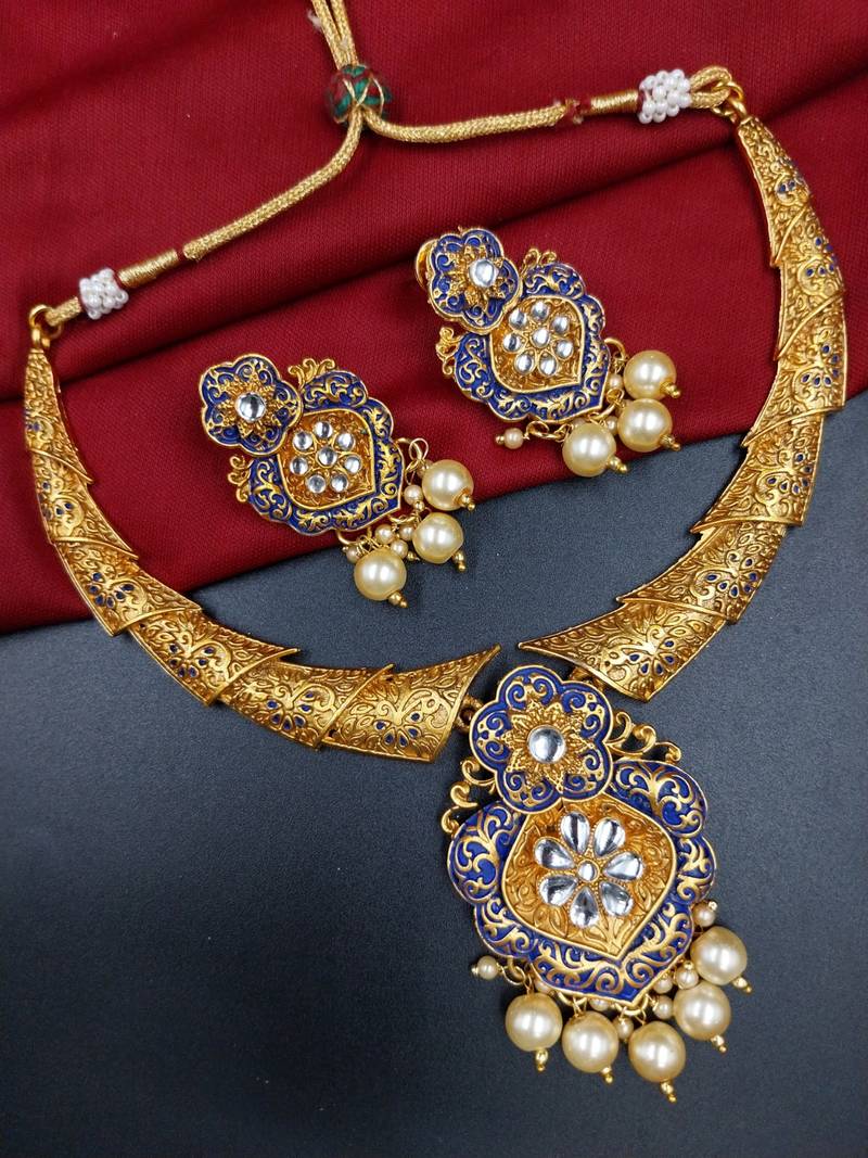 ​antique gold plated blue & gold meenakari necklace set with pearl drops.