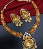 ​antique gold plated rubygreen  & gold meenakari necklace set with pearl drops.