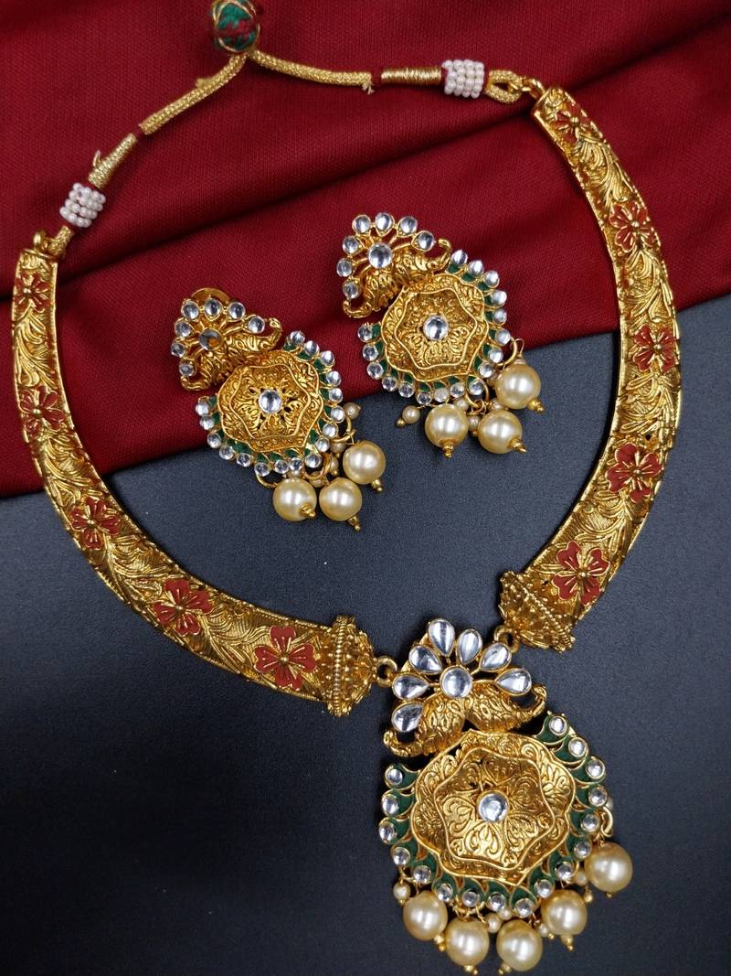 ​antique gold plated rubygreen  & gold meenakari necklace set with pearl drops.