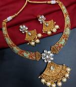 ​antique gold plated rubygreen  & gold meenakari necklace set with pearl drops.