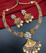 ​antique gold plated blue & gold kundan meenakari necklace set with pearl drops.