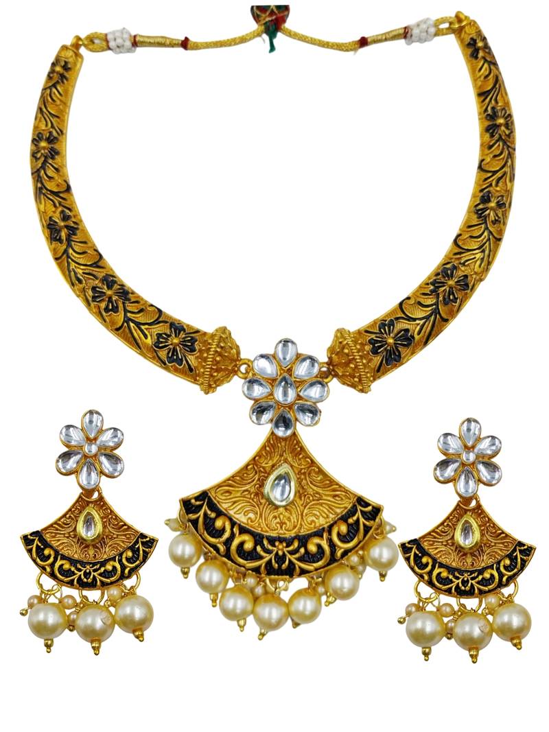 ​antique gold plated black & gold meenakari necklace set with pearl drops.