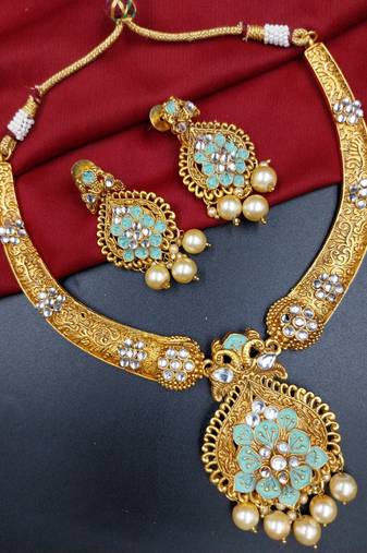 ​antique gold plated mint & gold meenakari necklace set with pearl drops.