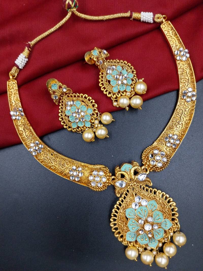 ​antique gold plated mint & gold meenakari necklace set with pearl drops.