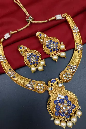 ​antique gold plated blue & gold kundan meenakari necklace set with pearl drops.