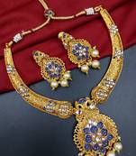 ​antique gold plated blue & gold kundan meenakari necklace set with pearl drops.