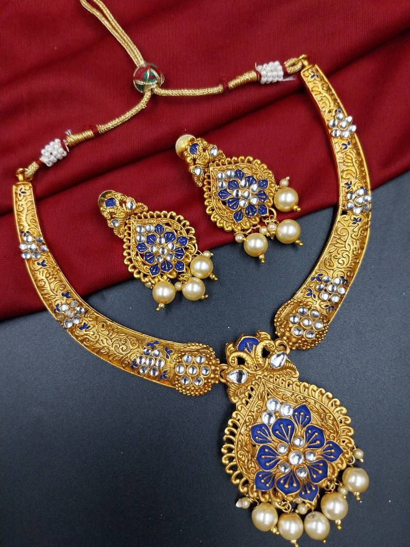 ​antique gold plated blue & gold kundan meenakari necklace set with pearl drops.