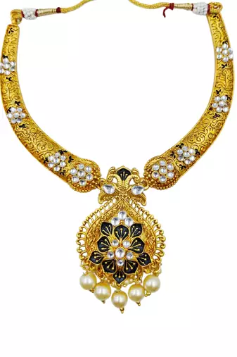 ​antique gold plated black & gold meenakari necklace set with pearl drops.