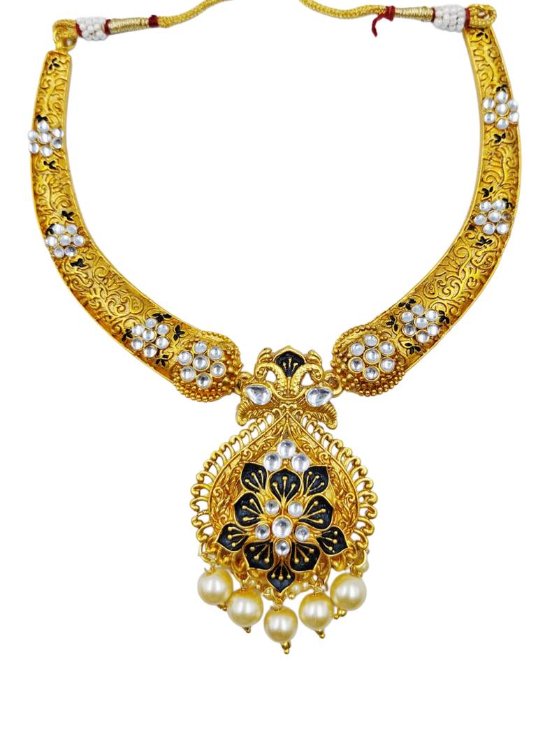 ​antique gold plated black & gold meenakari necklace set with pearl drops.