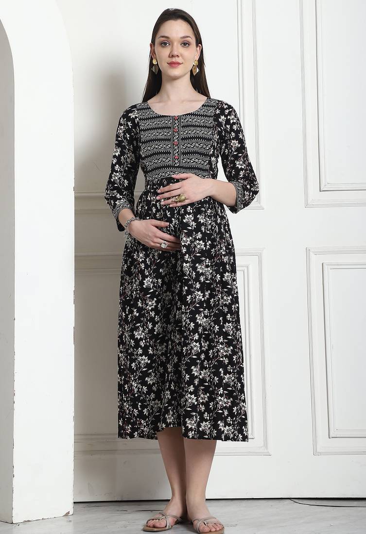 women's cotton jaipuri printed maternity gown with zipper