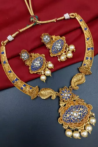 ​antique gold plated blue & gold meenakari necklace set with pearl drops.