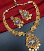 ​antique gold plated blue & gold meenakari necklace set with pearl drops.