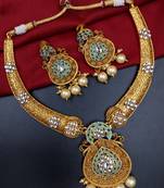 ​antique gold plated mint & gold meenakari necklace set with pearl drops.