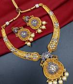 ​antique gold plated blue & gold kundan meenakari necklace set with pearl drops.