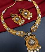 ​antique gold plated black & gold kundan meenakari necklace set with pearl drops.